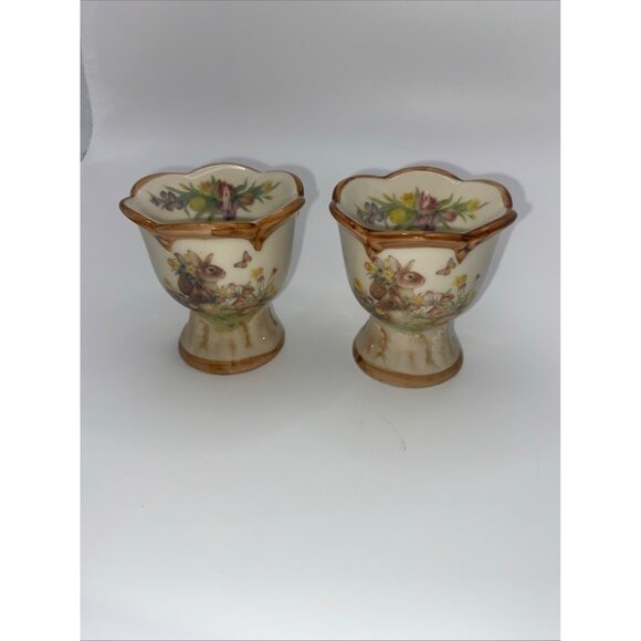 Vintage Ceramic Bunny Floral Egg Cups Set Of 2 With Scalloped Edges - Picture 1 of 10